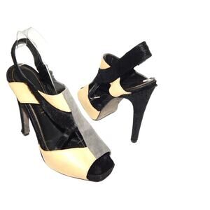 APERLAI PARIS Color block Leather Fur Platform Sling Back Heels Size  39